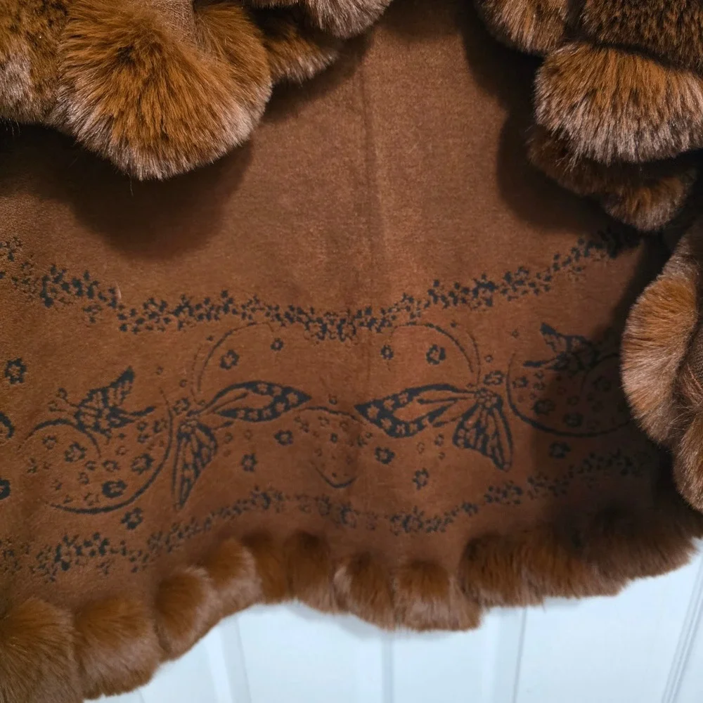 Butterfly Print Faux Fur Trim Knit Shawl Kimono Wrap Brown Cape Scarf One‎ Size